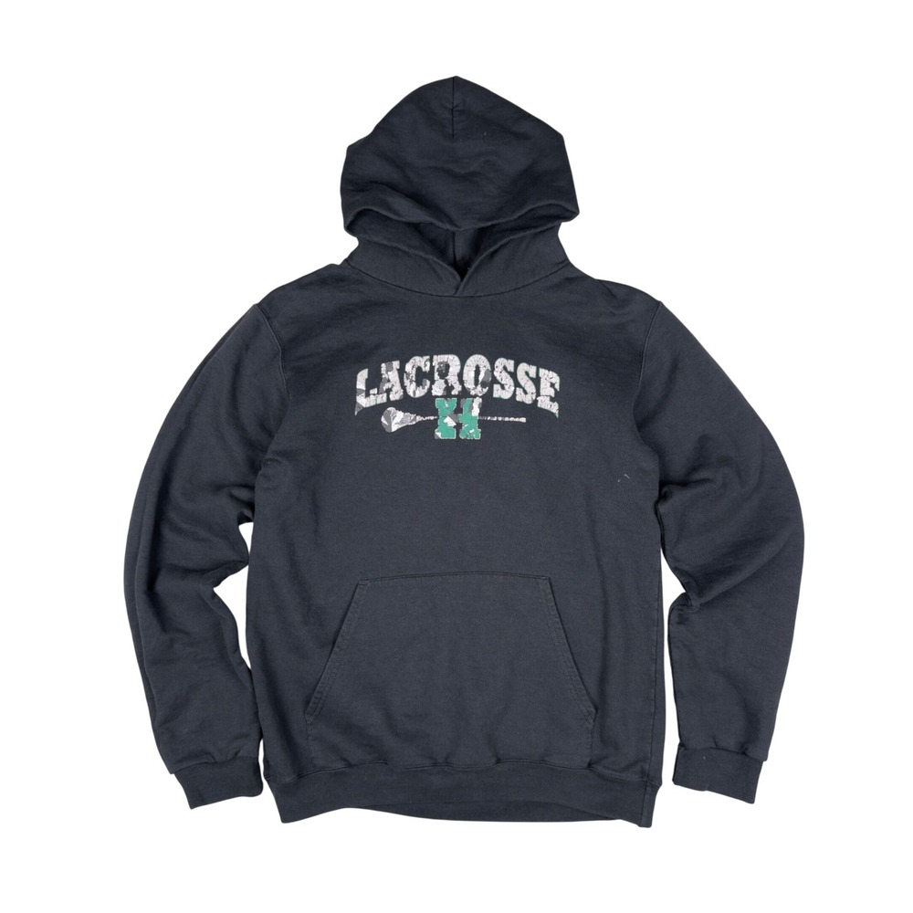 Y2K Champion Lacrosse Hoodie‎ Men's M Black Distressed Graphic Reverse Weave